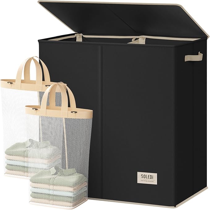 SOLEDI Large Double Laundry Hamper with Lid, Collapsible Clothes Hamper 2 section with Removable Bags, Space-Saving Laundry Basket for Bedroom, Dorm, College
