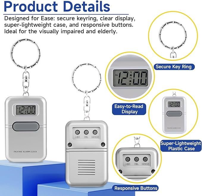 Talking Clock for The Blind and Visually Impaired - Easy-Use Talking Alarm Clock for Blind Elderly with Voice Announcement, LCD Display, Keychain & Portable Design