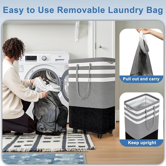 Wakefit 80L Large Laundry Basket, Laundry Hamper with 4 Wheels, Collapsible Waterproof Clothes Basket, Freestanding Hamper with Handles for Bedroom, Bathroom, Laundry Room (Gray - S)