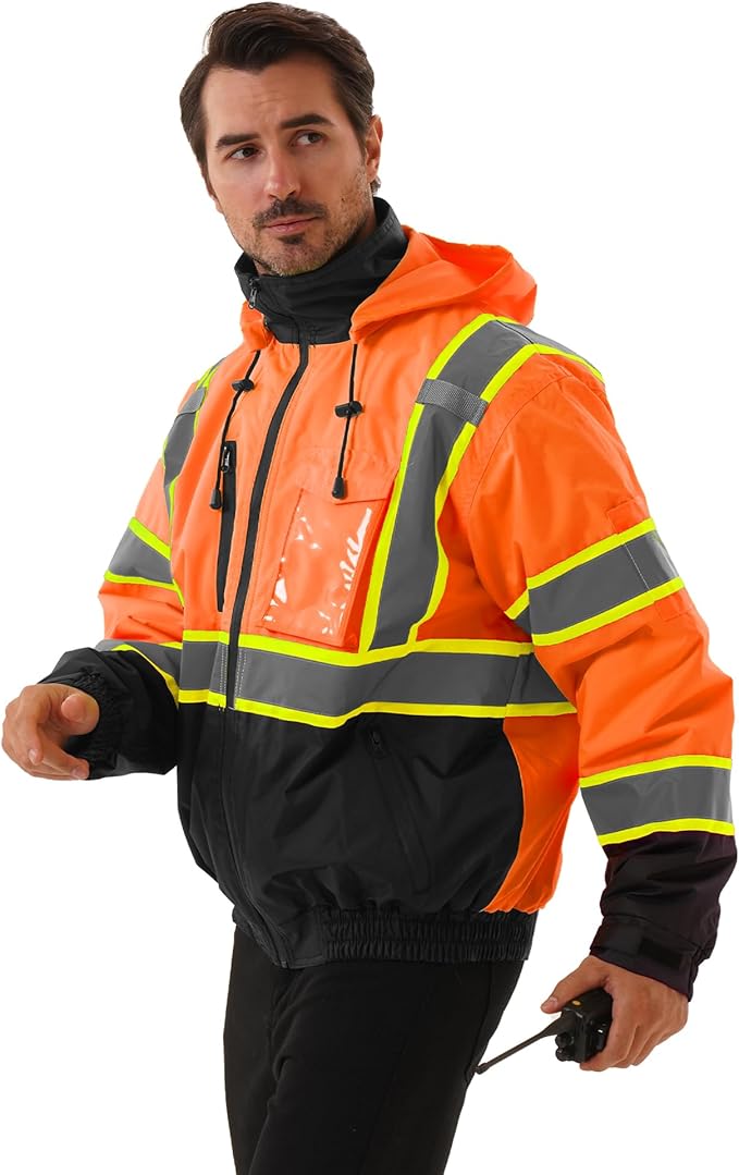 Hi Vis Safety jacket for men,Reflective high Visibility Hooded jacket,Work Bomber Jacket with Pockets and Zipper,Waterproof,ANSI Class 3 Black Bottom Tangerine,2XL