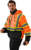 Hi Vis Safety jacket for men,Reflective high Visibility Hooded jacket,Work Bomber Jacket with Pockets and Zipper,Waterproof,ANSI Class 3 Black Bottom Tangerine,Small