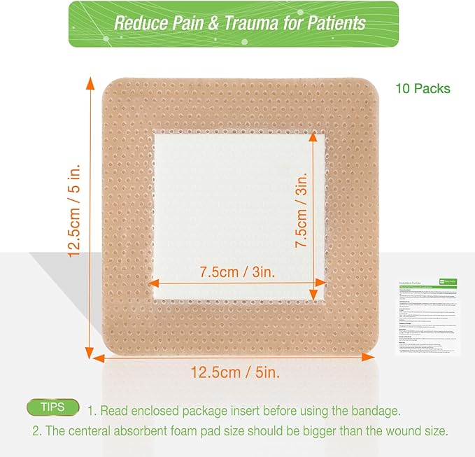 NeuHeils Silicone Foam Dressing with Gentle Border 5''x5'', 10 Pack for Bed Sore Leg Ulcer, High Absorbency Large Waterproof Silicone Adhesive Wound Bandages Patches