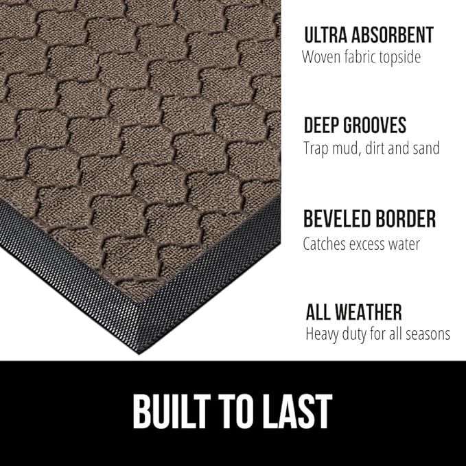 GORILLA GRIP 100% Waterproof All-Season WeatherMax Doormat 35x23, US Designed Natural Rubber, Stain and Fade Resistant, Low Profile Indoor Outdoor Door Mats, Easy Clean Patio Mat, Beige Quatre