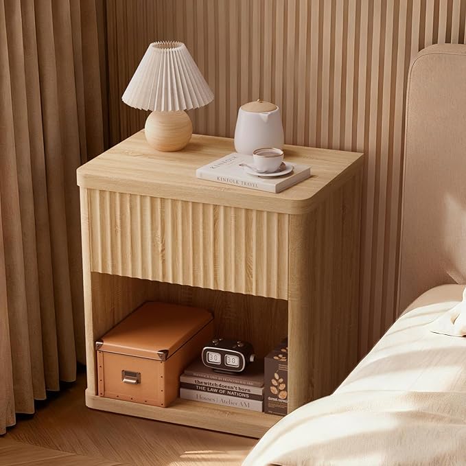Fluted Night Stand Set 2, Large Wood Bedside Table Set of 2 Nightstands Set of 2 with Drawer and Storage Shelf for Bedroom, Small Spaces
