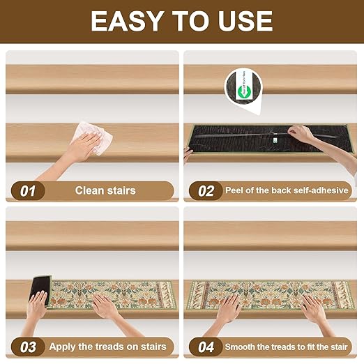 Non Slip Stair Treads for Wooden Steps Indoor, Sage Green, 15pcs, 30"X8", Soft Carpet Mat, Machine Washable Boho Carpet Treads with Reusable Adhesive Backing, Safety Stair Tread for Dog, Kid, Elder