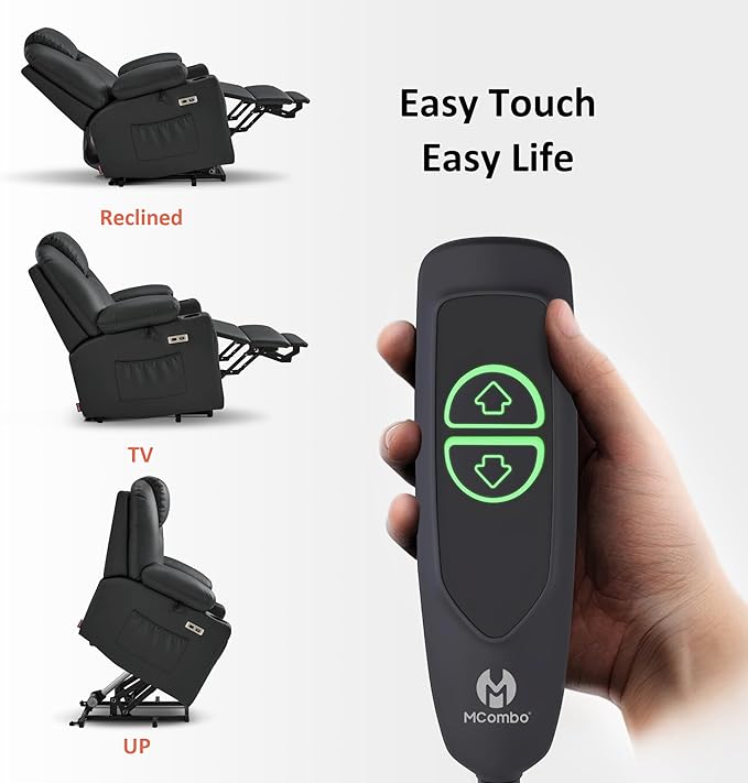 MCombo Power Lift Recliner Chair for Elderly, Lift Chair with Heat and Massage, FSC Certified, USB Ports, Cup Holders, Faux Leather 7141 (Black, Small)
