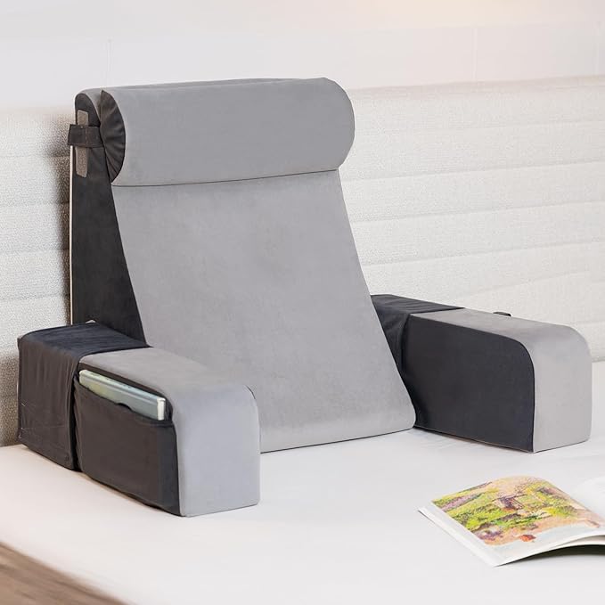 Vekkia 21" Reading Pillow for Sitting in Bed – 60° Ergonomic Wedge Back Pillow, XL Side Pockets, Removable Cover, Support Chair for TV, Gaming, Working, Nursing, Recovery in Bed/Floor,Lightweight
