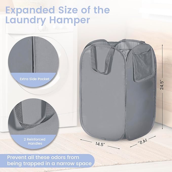 HOUSE AGAIN Upgraded Pop-up Laundry Hamper, Collapsible Laundry Basket with Durable Handles Solid Bottom High Steel Frame, Portable Foldable Dirty Clothes for Dorm, Laundry room Travel, Grey