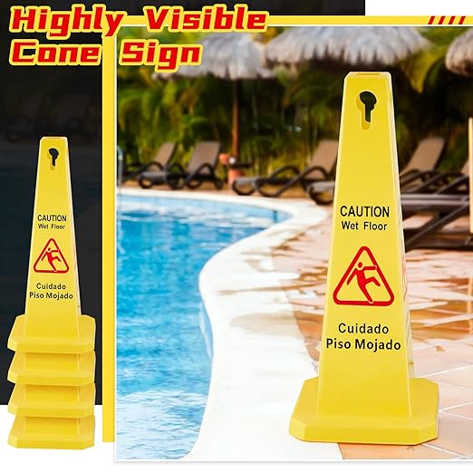Floor Safety Cone Yellow Caution Wet Floor Sign 4 Sided Wet Cone Sign Public Caution Yellow Avoid Fall Slip Accident for Indoors and Outdoors(10 Pieces)