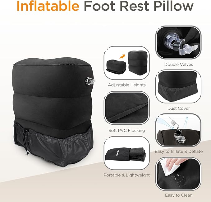 HOMCA Inflatable Travel Foot Rest Pillow (2-Pack) Adjustable Height Leg Pillow Fast Inflating Airplane Bed for Toddlers Footrest Pillow for Office, Airplane, Train, Cars, Home (Grey)