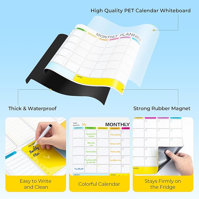 M&G Magnetic Dry Erase Calendar Set for Fridge, 3 Pack Planning Whiteboard with 10 Markers and Eraser, Monthly & Weekly & Daily Chore Chart for Refrigerator Wall Door