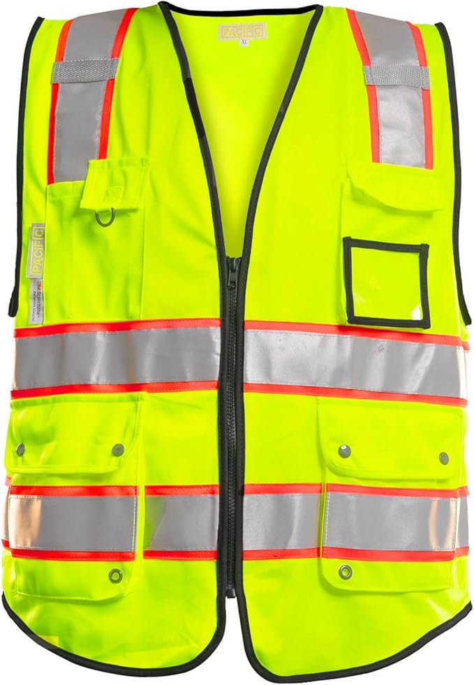 PACIFIC 10 Pockets Safety Vest for Men, 3M High Visibility Reflective Strips with Pockets and Zipper, ANSI Class 2, Yellow, X-Large