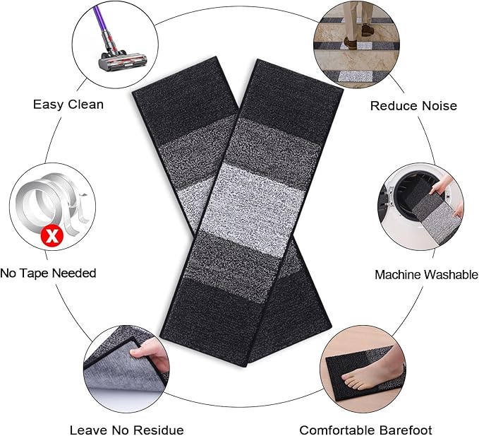 OLANLY Stair Treads Non Slip 4PCS, 8" x 30" Indoor Stair Runners for Wooden Steps, Edging Stair Rugs with Reusable Peel and Stick Adhesive for Kids Elders and Pets, Black