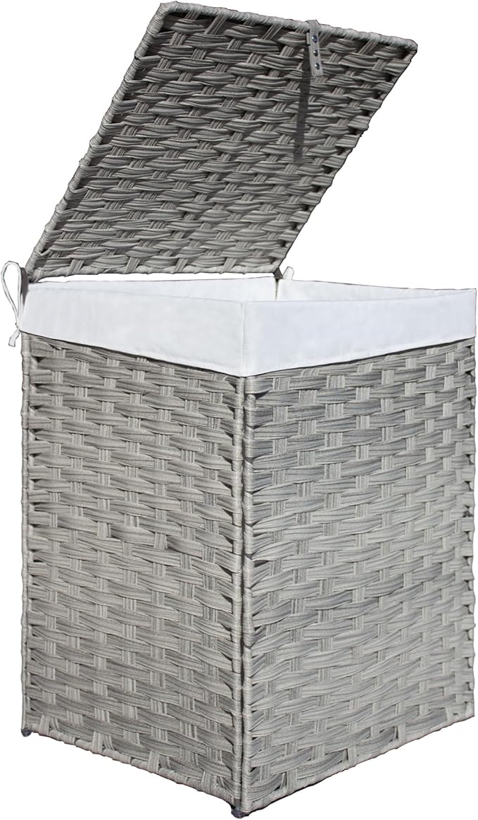 130L Foldable Outdoor Wicker Storage Basket with Lid - Patio Storage Hamper with Removable,Machine Washable 2-Compartment Liner & Handles for Clothes,Pillows,Bedding(Gray)