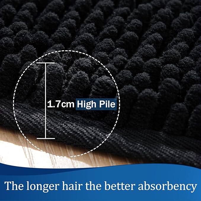LOCHAS Luxury Bathroom Rug Shaggy Bath Mat 24 x 70 Inch, Washable Non Slip Bath Rugs for Bathroom Shower, Soft Plush Chenille Absorbent Carpets Mats, Black