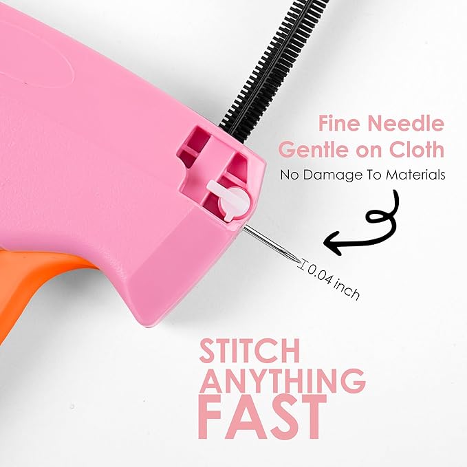 Stitch Gun for Clothes - Handheld Stitch Gun Quick Clothing Fixer - Tagging Gun - Includes 6 Needle, 1000 Black Fasteners & 1000 White Fasteners (Pink/Orange)