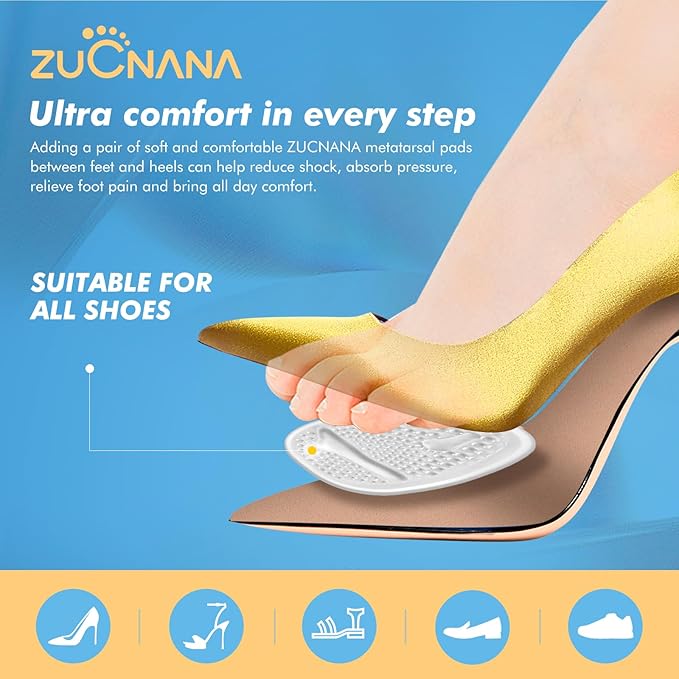 Metatarsal Pads for Women - Soft Gel High Heel Insoles, 4 Pairs, Non-Slip Design, Instant Foot Pain Relief, Self-Sticking Back, Fits All Feet Sizes