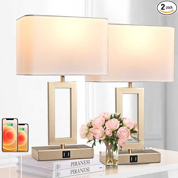 Set of 2 Table Lamps with Dual USB Ports,Touch Control Bedside Lamps Nightstand Lamps for Bedroom, 3-Way Dimmable Modern Desk Lamps Living Room Office, LED Bulbs Included, Gold&White