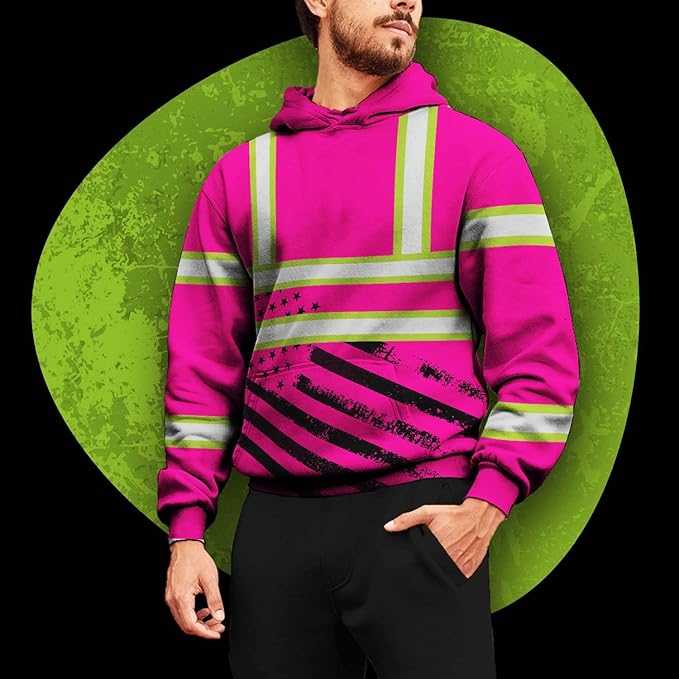 US Flag High Visibility Hoodie for Men Reflective Hoodie Safety Workwear for Worker Runner Patriotic ACC02