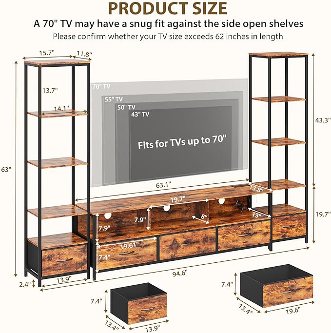 Entertainment Center with Storage, TV Stand for TVs Up to 70", with 5-Tier Bookshelf, 5 Fabric Drawers & Power Outlet, Modern LED TV Console Table, Media Center for Living Room Bedroom Home Office