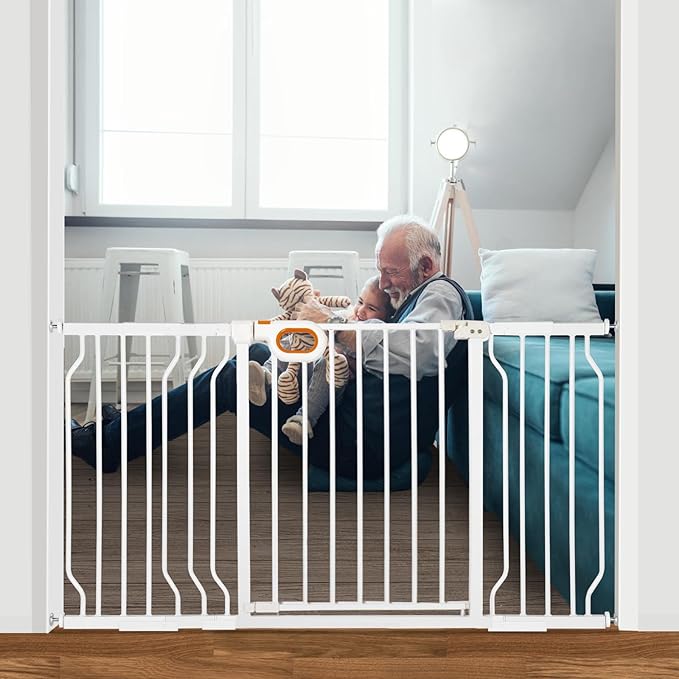 Owlie Adjustable Safety Gate for Stairs - 29-57'' Wide, 30.5'' Tall, No Drilling, Pressure Mount, White