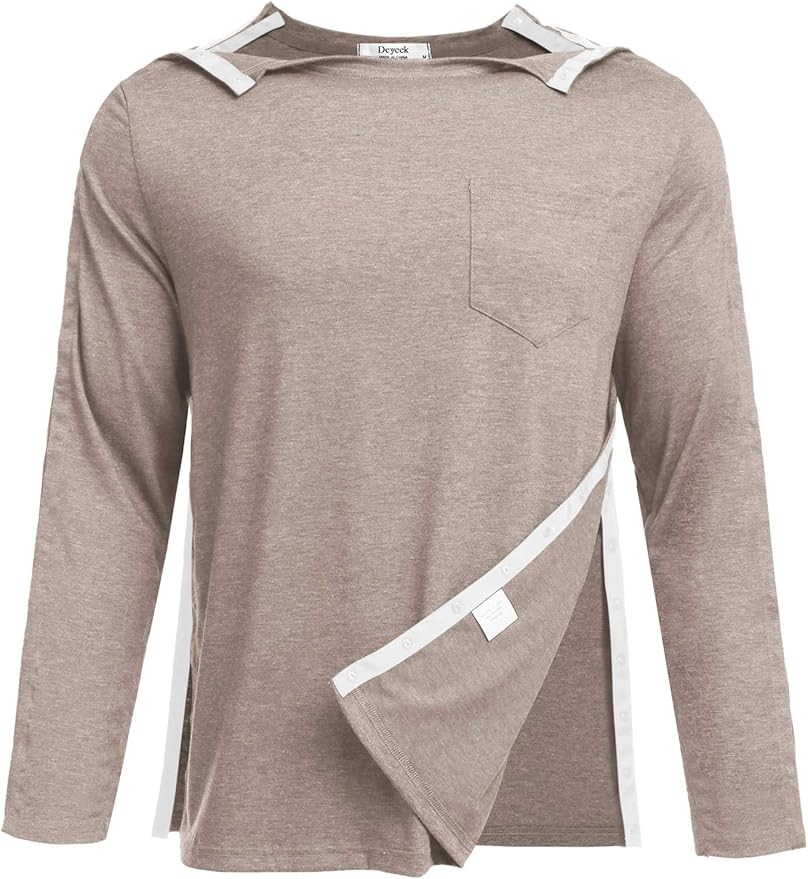 Deyeek Men's Post Shoulder Surgery Recovery Shirts Full Tear Away Long Sleeve Snap Chemo Port Access Shirt