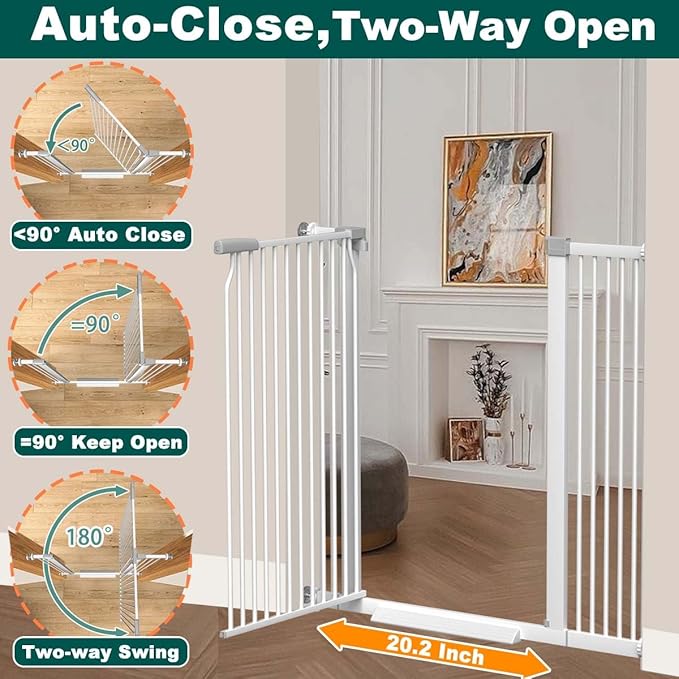 Fairy Baby 40.5" Extra Tall Baby Gate No Drill, 65.8"-72.2" Extra Wide Large Dog Gate, Pressure Mounted Walk Through Adjustable Tension Safety Gate, Auto Close Child Pet Gate for Stairs Doorway, White