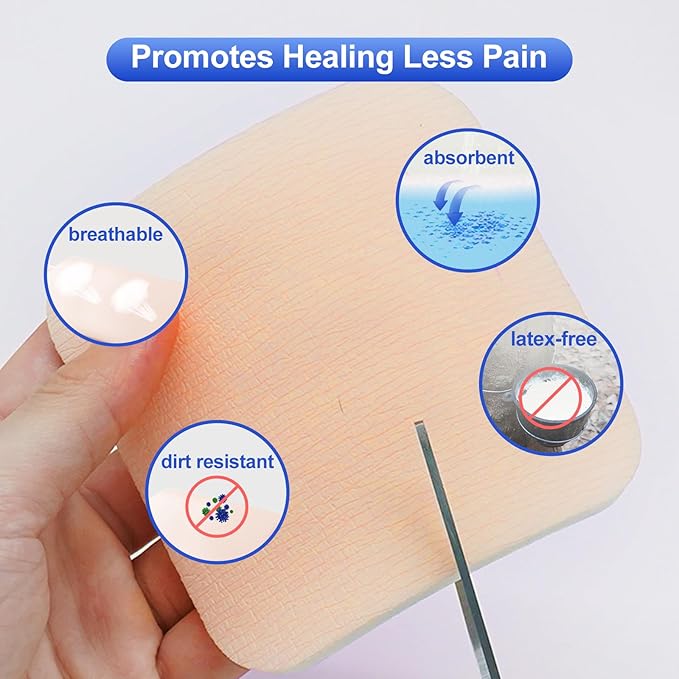 Silver Silicone Adhesive Foam Dressing Without Border, 4"×4" Ag Sterile Highly Absorbent Wound Dressing, 5 Count