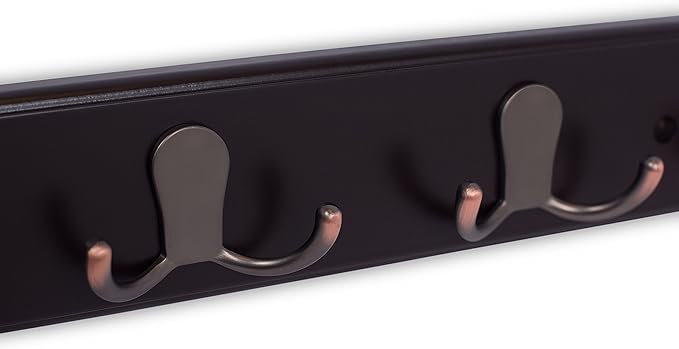 BIRDROCK HOME Dual Hook Coat Rack | 4 Dual Hooks | Wall Mounted Hat Key Rack Rail | Oil Rubbed Bronze Hooks | Dark Brown Pine Bathroom Rail