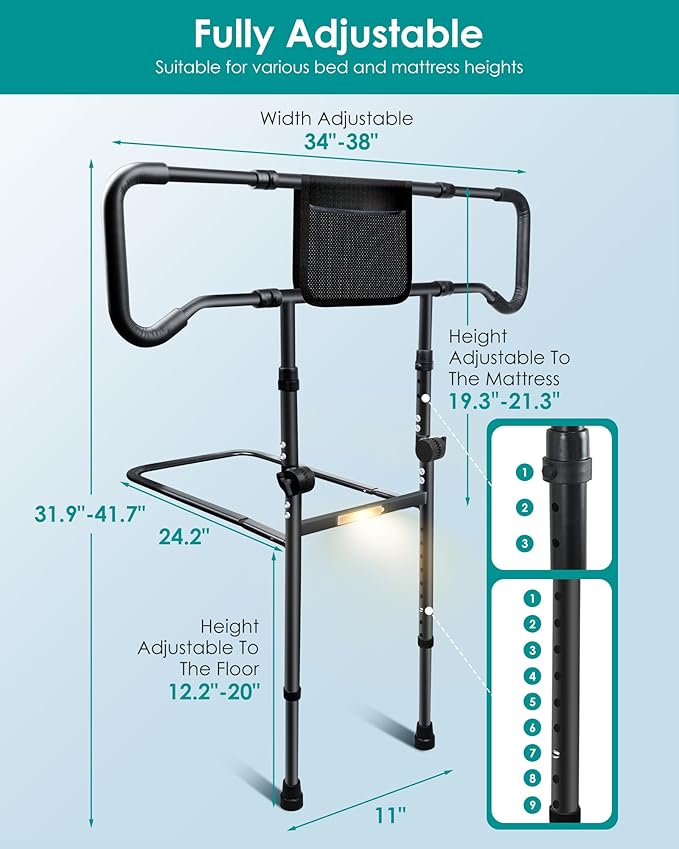 AMOVO Bed Rails for Elderly Adults Safety - Foldable Bed Assist Rails for Seniors Bed Side Grab Bar with Sensor Light, Adjustable Bedside Railing Safety Guard Rail Cane (ASTM F3186–17 Certified)