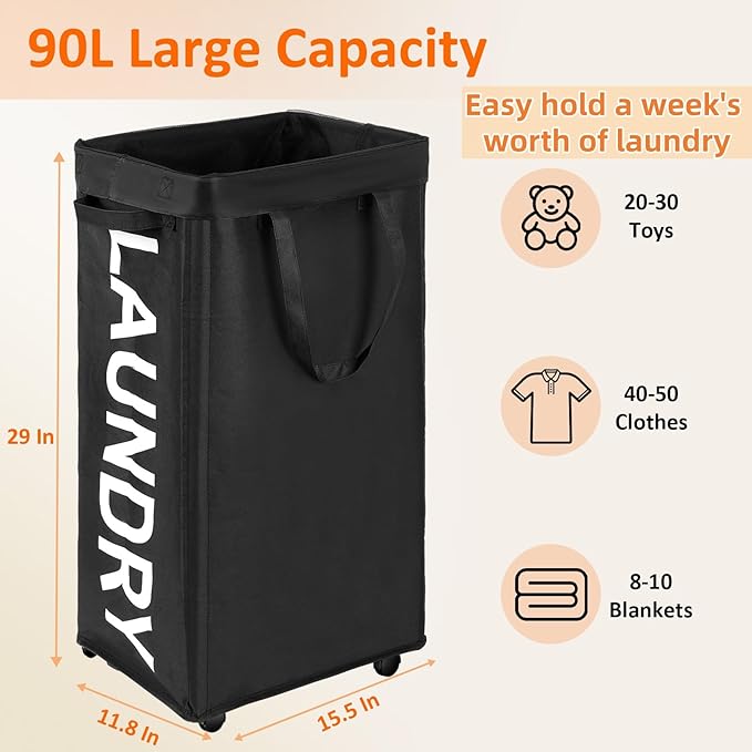 90L Rolling Laundry Basket with Wheels, 29 IN Hamper with Wheels and Removable Mesh Bag, Black Laundry Baskets on Wheels for Bedroom, Dorm, Clothes Hamper Organizer