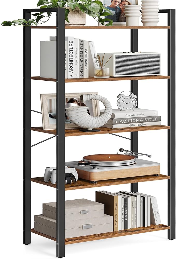 VASAGLE 5-Tier Bookshelf, Bookcase with Steel Frame, Book Shelf for Living Room, Home Office, Study, 11.8 x 26 x 60.2 Inches, Industrial Style, Rustic Brown and Ink Black ULLS061B01