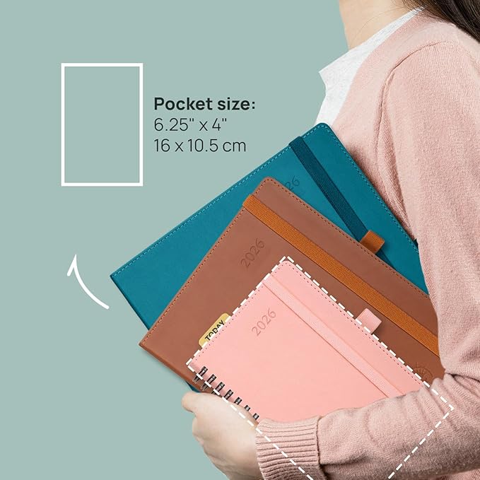 POPRUN Monthly Planner 2025-2026 Pocket Size (4" x 6.25") 18 Months Calendar (Jul 2025 - Dec 2026) - 4 Pages per Month with Monthly Expense & Notes, Sunday Start, Leather Cover - Blue Green