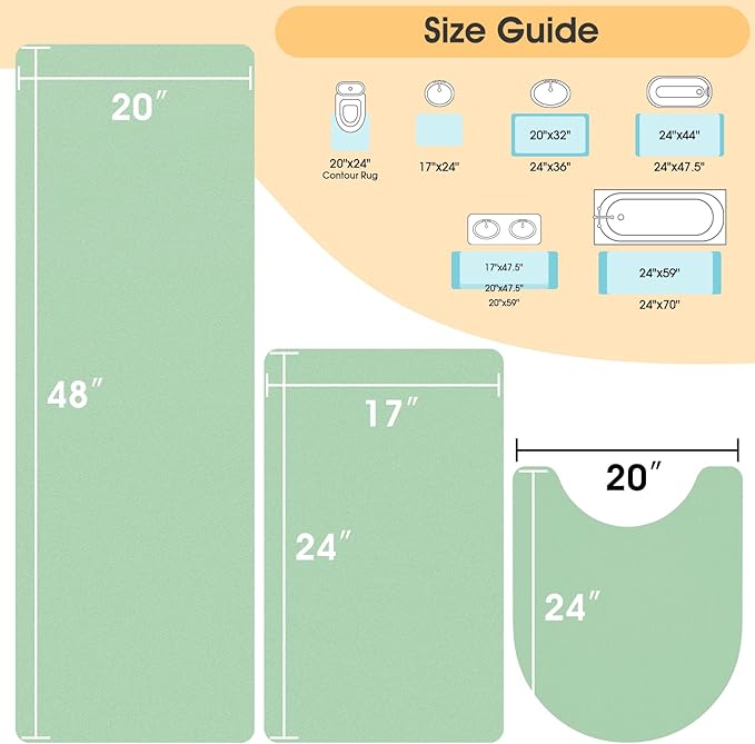 Ultra Thin Bath Mat, Upgrade Backing Non Slip Thin Bath Mats Fit Under Door, Quick Dry Ultra Absorbent Bathroom Rugs, Machine Washable Bath Rugs for Bathroom, Bathtub, Light Green/Solid/3 Piece