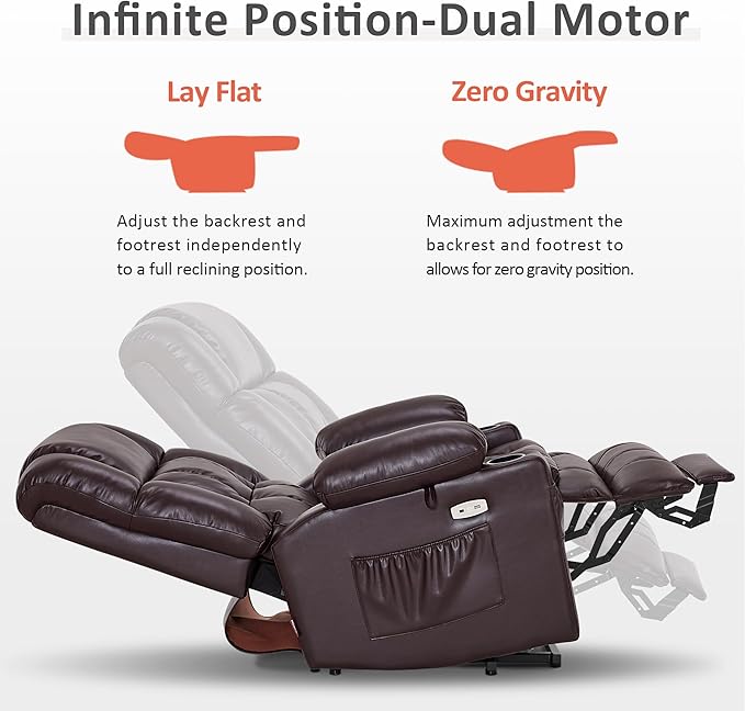 MCombo Dual Motor Power Lift Recliner Chair for Elderly, Lay Flat Lift Chair with Heat and Massage, Cup Holders, USB Ports, Faux Leather 7890 (Dark Brown, Medium)