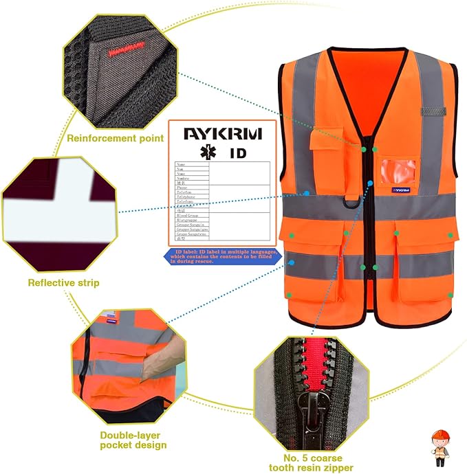 A-SAFETY High Visibility Safety Vest Reflective,Hi vis Working Vest,Orange Medium