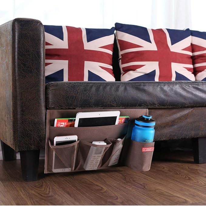 5 Pockets Bedside Caddy, Bedside Storage Organizer for Water Bottles, Magazines, Phone, Glasses (5 Pockets-Coffee)