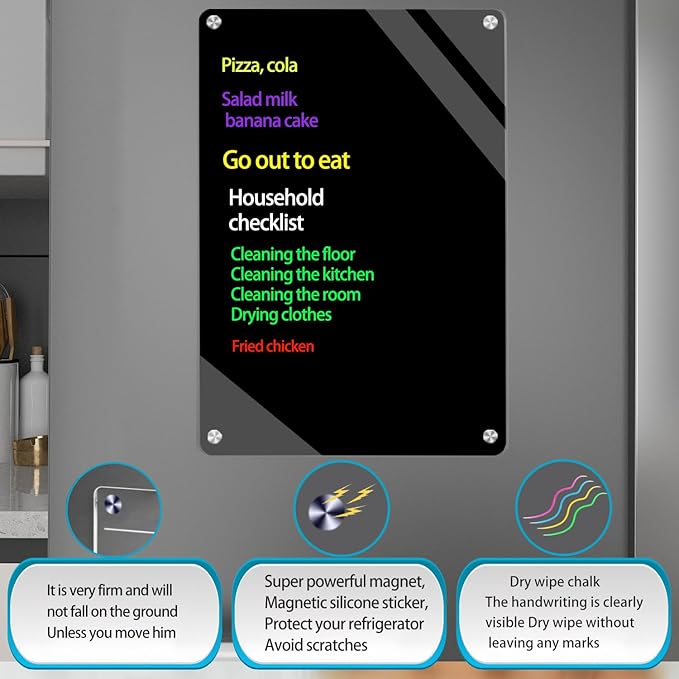 9"X13" Black Acrylic Magnetic Dry Erase Board for Refrigerator,Magnetic Dry Erase Board for Fridge,Acrylic Board for Fridge Includes 6 Colors Markers