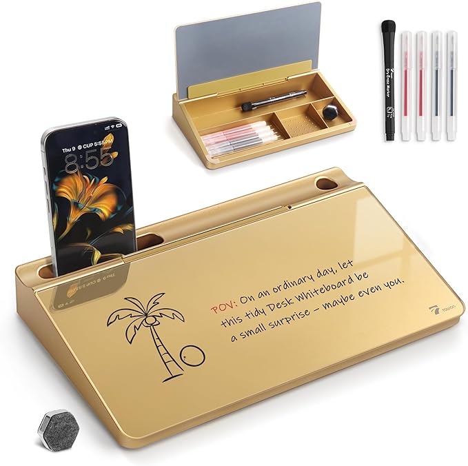 TOWON Small Compact Glass Desktop Whiteboard with Storage – 12 x 7 in Dry Erase Board for Desk, Home Office, School | Includes 5 Markers, Eraser & Holder | Space-Saving Organizer, Metallic Gold
