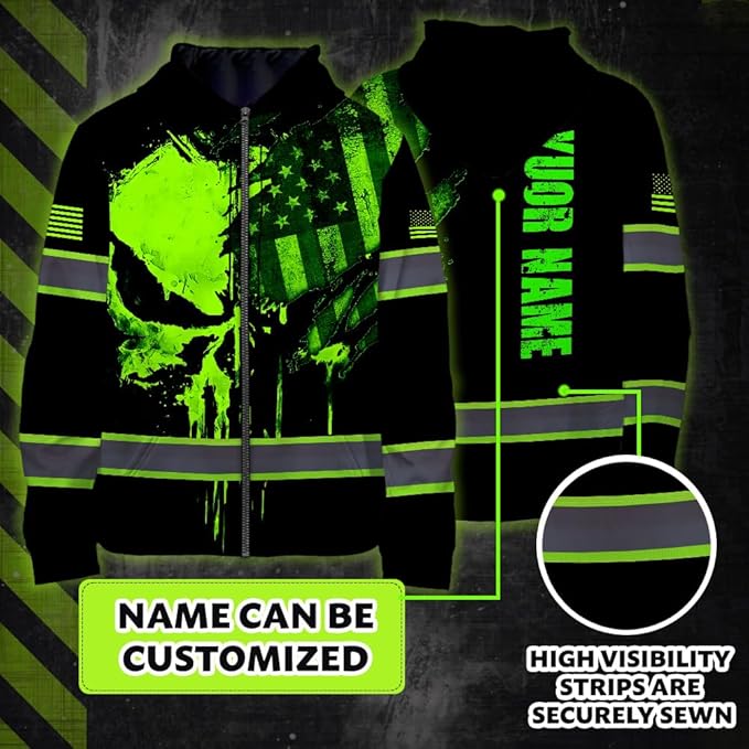 Maddly Hi Vis Reflective Zip Up Hoodie, High Visibility Safety Jacket with Skull Design for runner, worker, trucker, cyclist