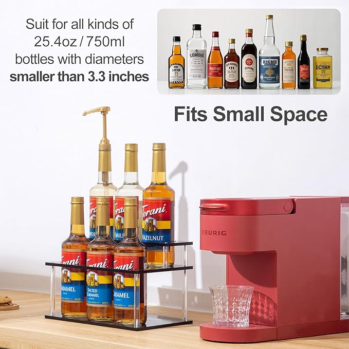 Acrylic Coffee Syrup Organizer, 2 Tier Coffee Syrup Rack (6 Bottle Capacity), Syrup Bottle Holder Stand for Coffee Bar, Kitchen Countertop Syrups, Condiments and Wine (Black)