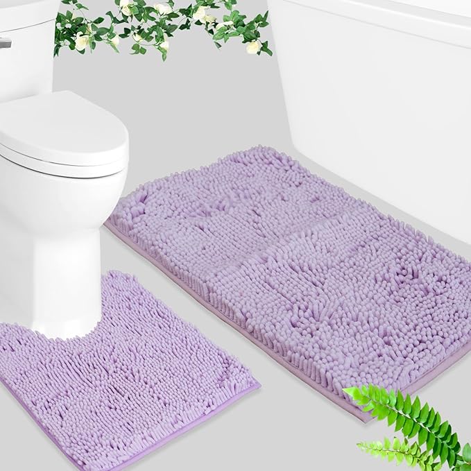 BOANKODU Bath Mat Set, 2-Piece Very Soft Chenille Bathroom Rugs, Non-Slip, Machine Washable (Lavender, 32x20 Inch U-Shaped + 20x20 Inch)