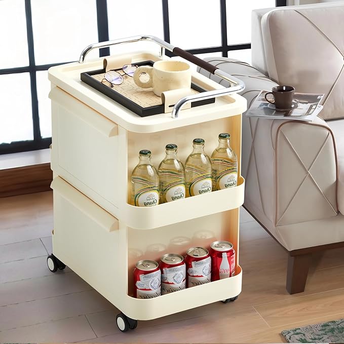 2-Tier Rolling Cart with Drawers - Mobile Storage Rolling Cart with Open Shelves, Lockable Casters, Multi-functional storage for Kitchen, Bathroom, Craft, Bedroom, Beige