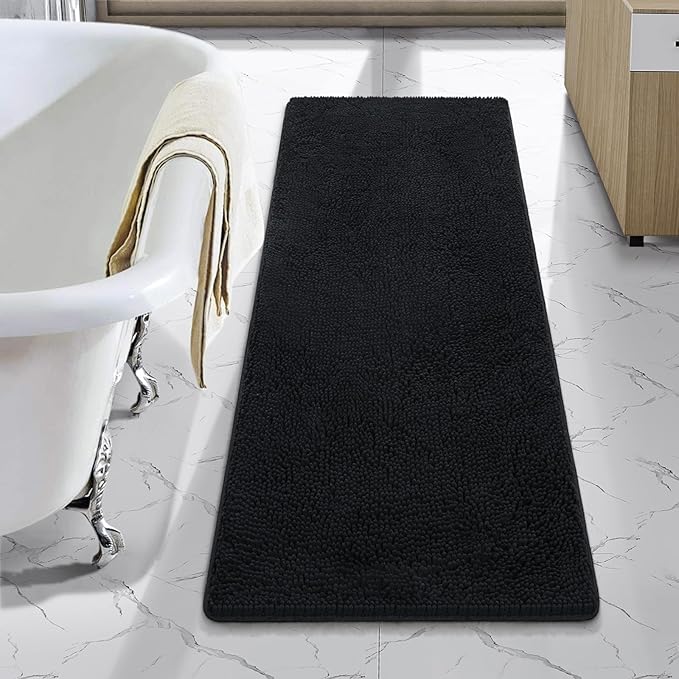 LOCHAS Luxury Bathroom Rug Shaggy Bath Mat 48 x 17 Inch, Washable Non Slip Bath Rugs for Bathroom Shower, Soft Plush Chenille Absorbent Carpets Mats, Black