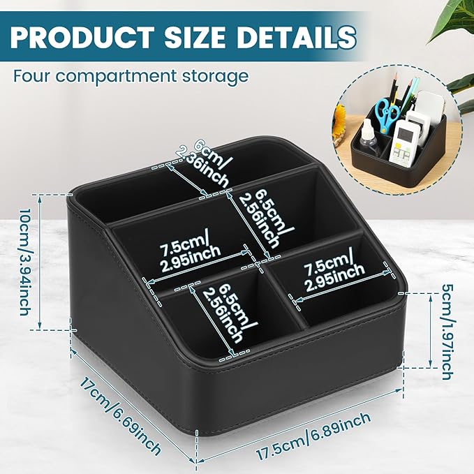 PU Remote Control Holder, Small Desk Organizer Office Supply Bedside Caddy for Nightstand End Table Remote Organizer with 3/4 Compartment (Black)(4 grids)