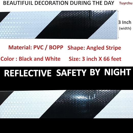 Black White Reflective Tape Outdoor Waterproof 3 inch X 66 feet, High Visibility Hazard Conspicuity Safety Industrial Marking Tape