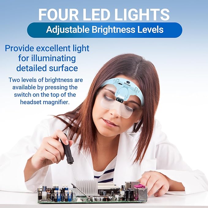 YOCTOSUN Magnifying Glasses with Light for Close Work, Head Magnifier with 4 LED Lights and 5 Detachable Lenses 1X to 3.5X,Rechargeable Hands Free Headband Magnifier Glasses for Crafts, Hobby