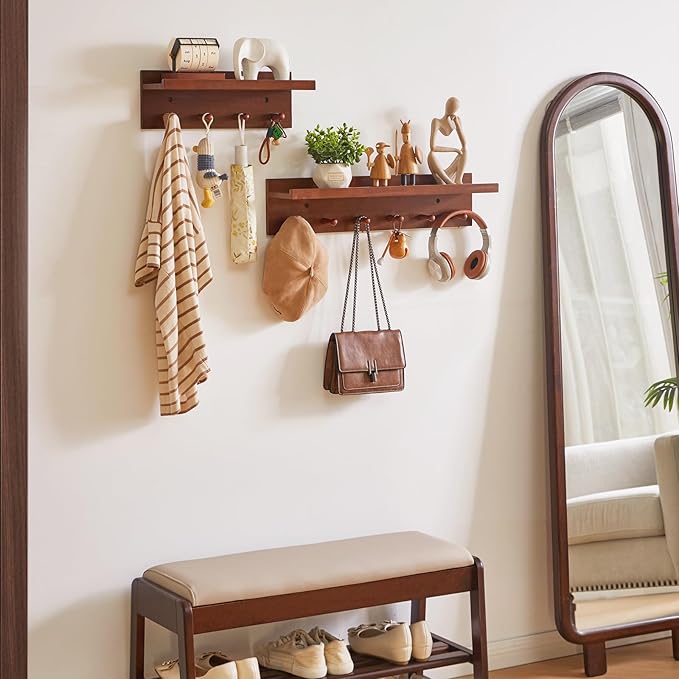 Coat Hook Wall Mount with Shelf, 15.75in Wood Wall Hooks with Storage, for Entryway, Bathroom, Kitchen, Walnut Color YD-WS0240H