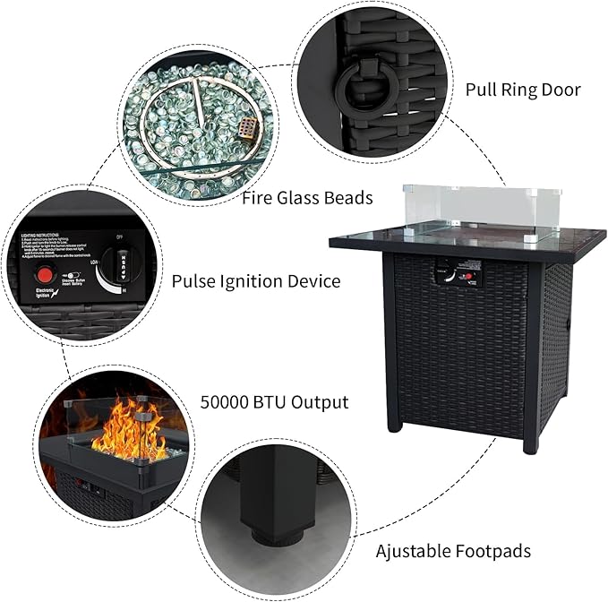 28" Square Fire Pit Table, Outdoor Propane Gas Firepit with Lid & Glass Wind Guard, 50,000 BTU, CSA Listed, Black Wicker Rattan for Patio, Garden, Backyard, Deck