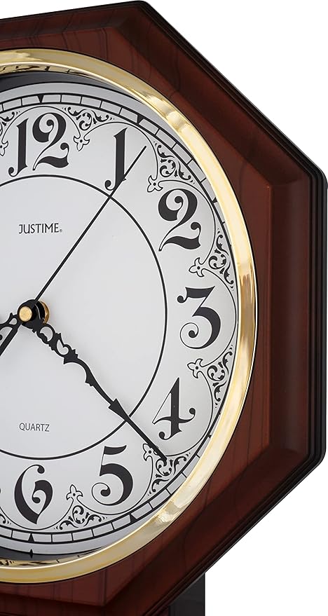 JUSTIME Traditional Schoolhouse Classic Vintage Arabic Regulator Wall Clock, Chiming Wall Clocks with Pendulum & Westminster Chime Hourly, Schoolhouse Wall Decor Battery Operated (Dark Wood Grain)